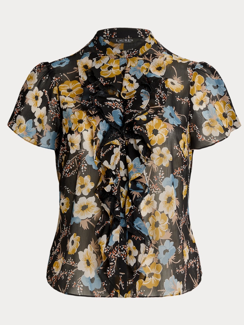 Lauren Ralph Lauren Floral Ruffle Trim Short Sleeve Georgette Blouse Size L